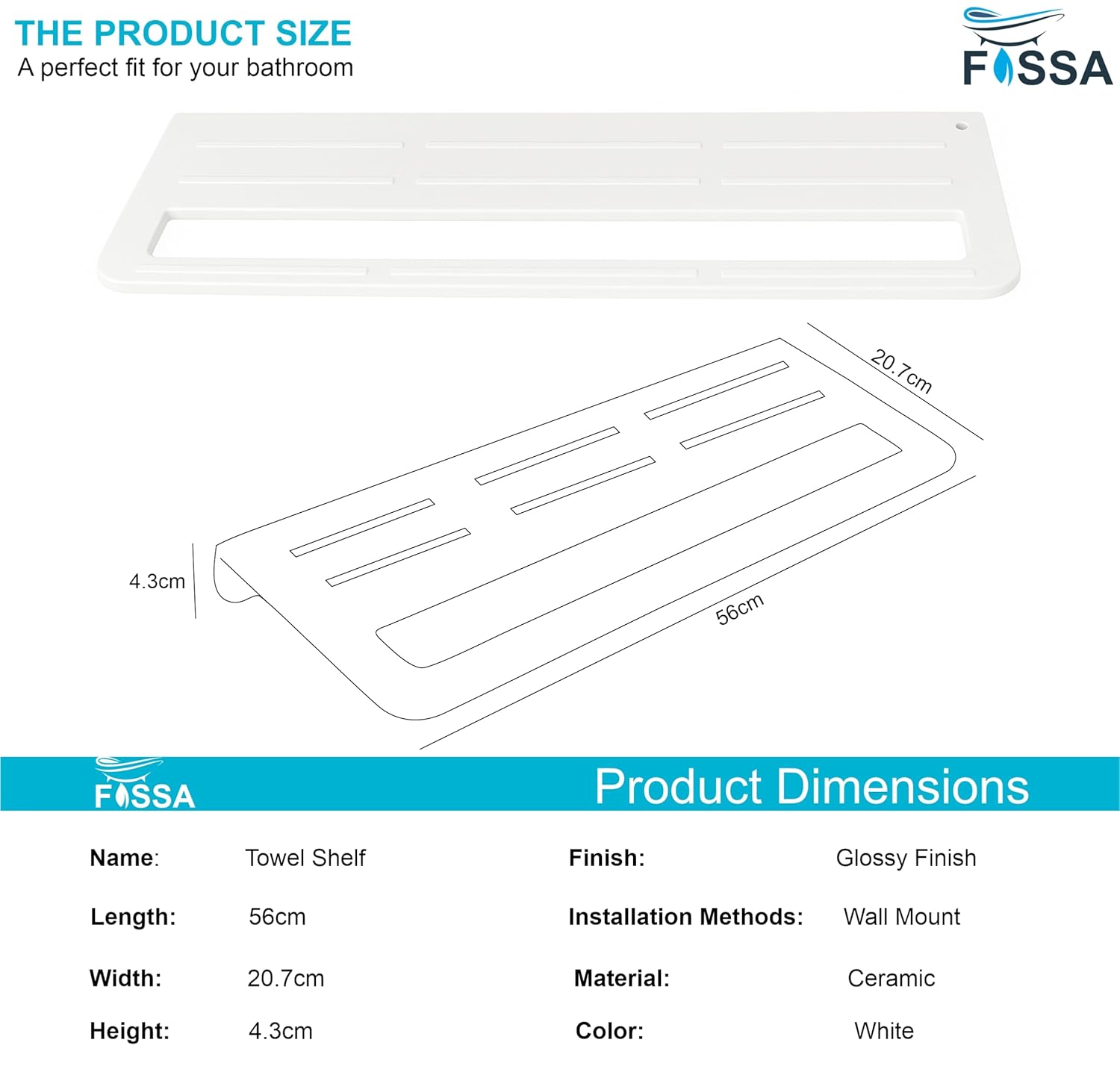 Fossa Space-Saving Wall Mounted Towel Shelf – Foldable Chrome Towel, Durable Bathroom Accessories, Rust Resistant & Stylish Bathroom Fittings | White (Quartz Ceramic)